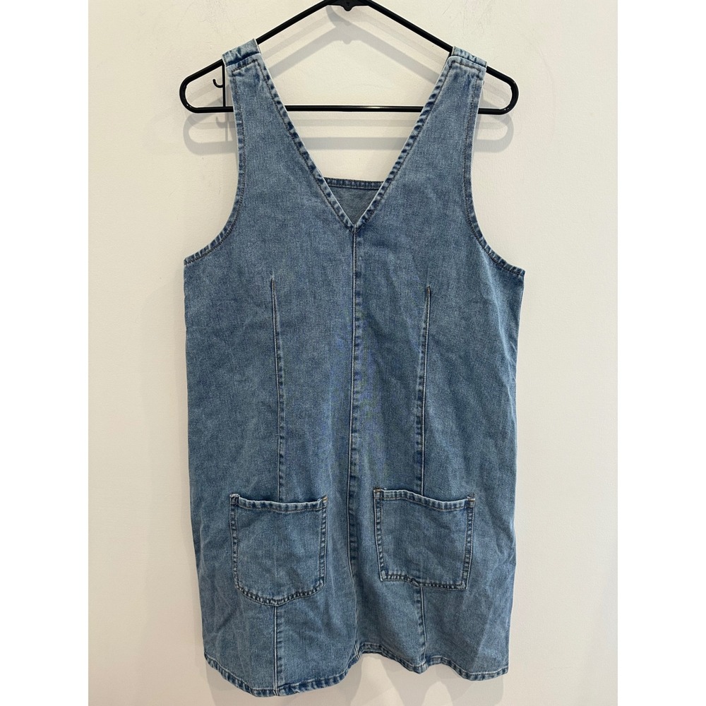 SHEIN Womens Medium Wash Denim Pinafore V-Neck Jumper Dress with Pockets Size S